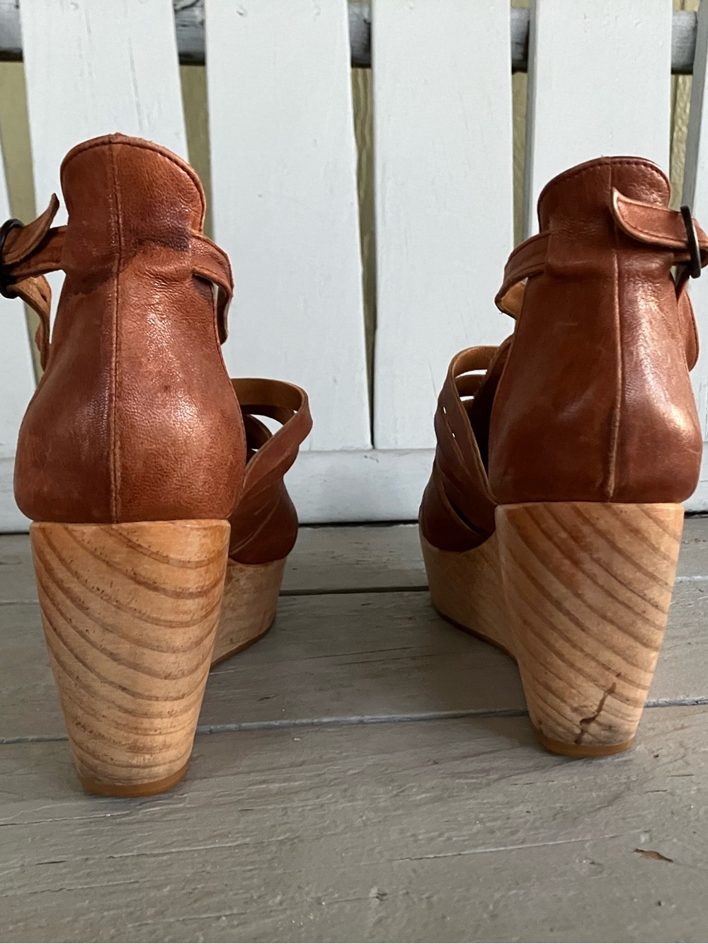 COCLICO Soft Brown Leather Strappy Wedge Sandals Wood Clog - Picture 4 of 15